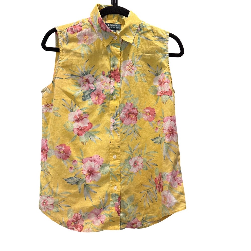Lauren Ralph Lauren Yellow Floral 100% Linen Sleeveless Shirt Coastal Preppy